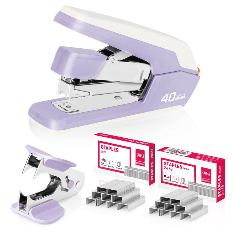 Deli Effortless Desktop Stapler, Heavy Duty Stapler, 40-50 Sheet Capacity, One Finger, No Effort, Includes 1500 Staples & Staple Remover, Violet - Image 1